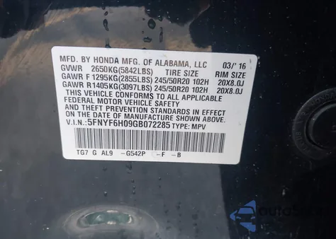 2016 Honda Pilot Elite from USA, damaged, VIN 5FNYF6H09GB072285